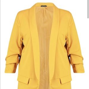 Boohoo Plus Runched Sleeve Blazer In Mustard